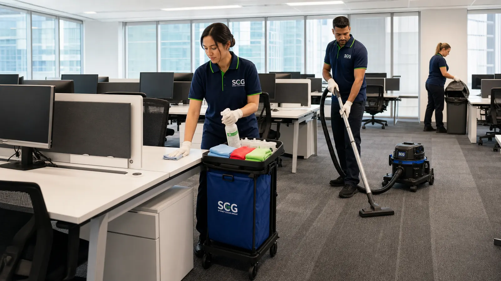 Sydney Clean Group night crew loading a trolley for a North Sydney tower